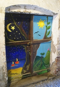 porta, sole, luna, lucchetto, barche, albero, colori, dipinto, murales, uccelli