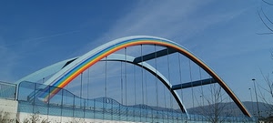 ponte, cielo, azzurro, arcobaleno, nuvole, arco, giallo, curve, ringhiera, arancione, colori, rosso, rami, ferro