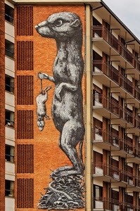 palazzo, murales, balconi, topo, topi, finestre, ringhiere, facciata