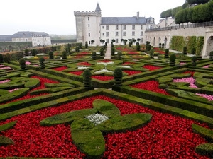 castello, fiori, rosso, aiuole, giardino, verde, siepi, torre