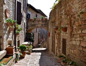 arco, vicolo, vasi, fiori, piante, finestre, porte, scorcio, gradini, pietra, verde, pietre, spello, case, persiane, scalini, paese, borgo