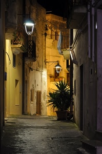 lampioni, vicolo, balconi, porte, case, notturno, notte, luci, piante, pianta, finestre, vaso, strada, scorcio, vasi, panni, vicoli, lampione, sera, due, ringhiere